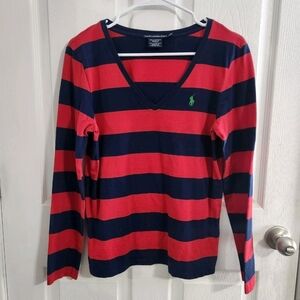 Ralph Lauren Sport cotton vneck striped long sleeve polo rugby preppy women LG